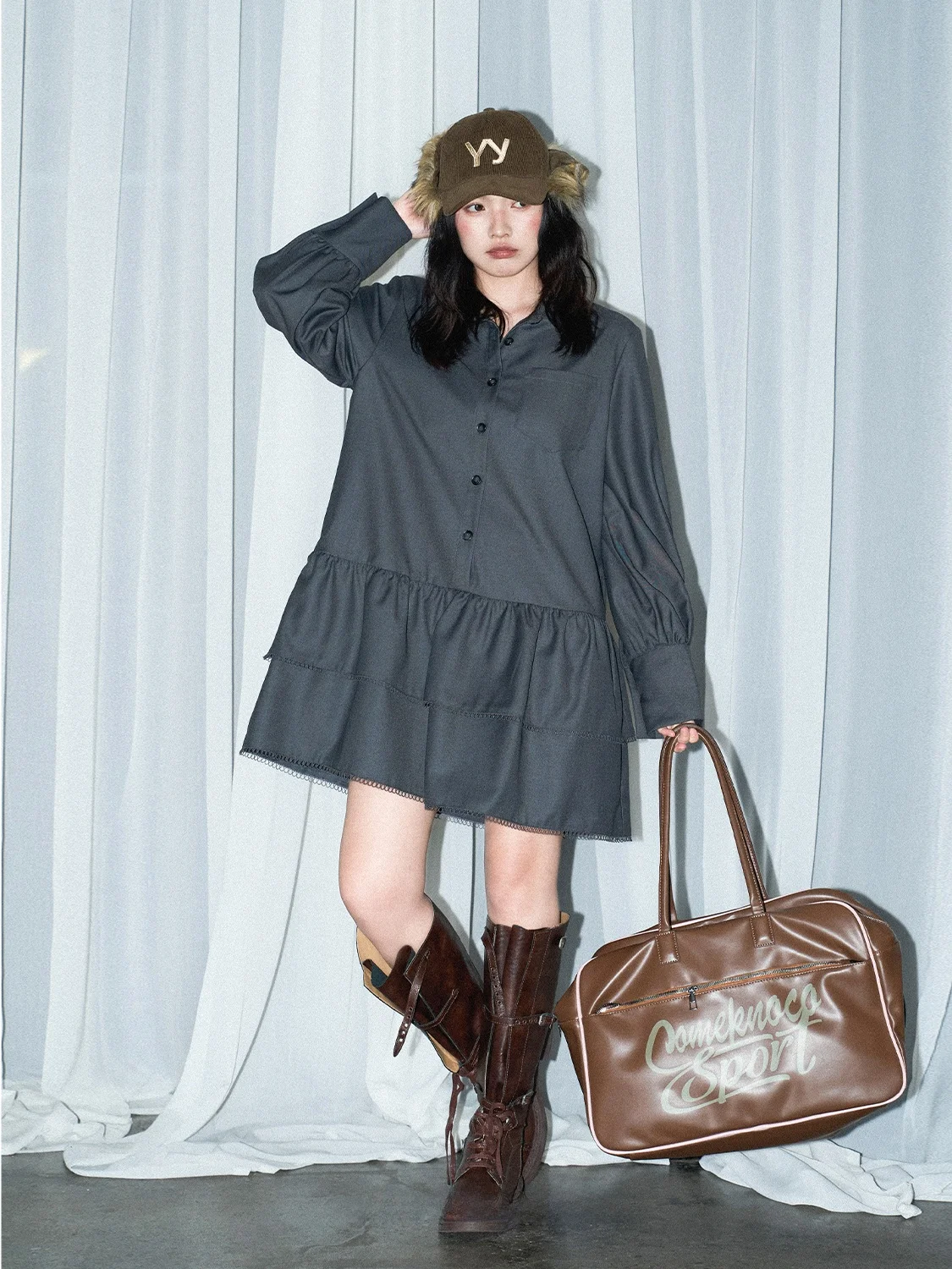 

JINGU Green Label Early Autumn Casual Style Korean Loose Fit Shirt Dress Anti-Aging for Young Women Long Sleeve Autumn Dress