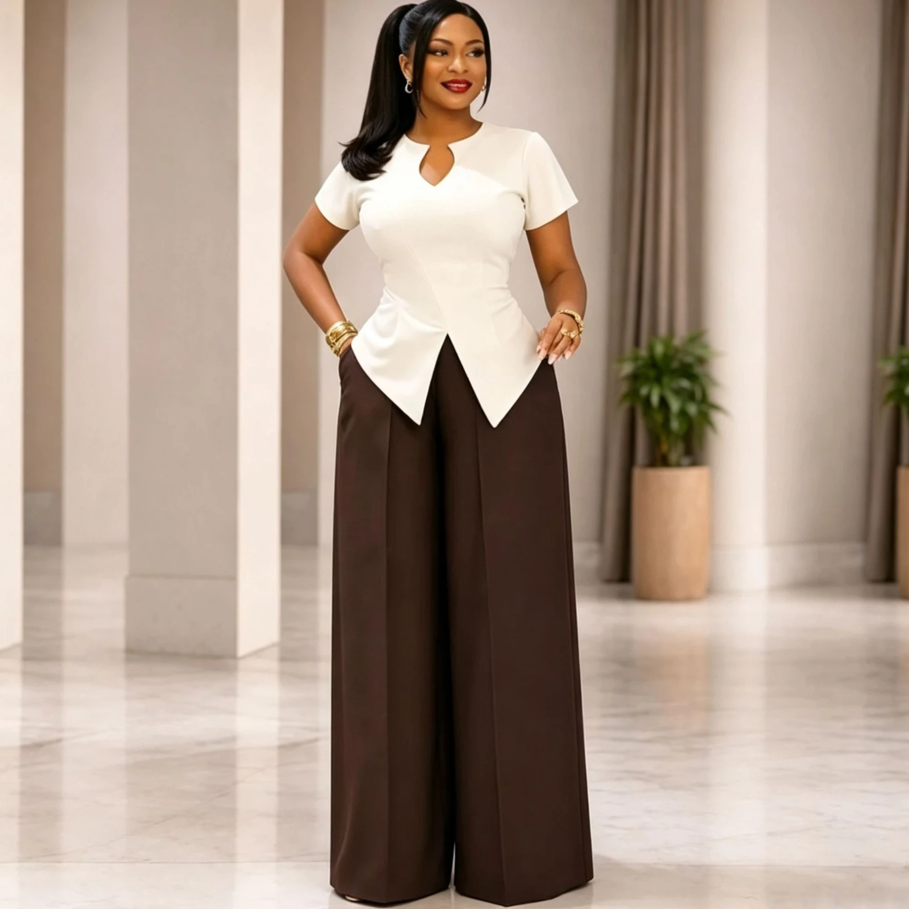 Hosen-Set Damen Zweiteiliges Set Kurzarm-Oberteil Weite Lange Hose Hohe Taille Y2k Streetwear Elegant Lässig Locker 2026