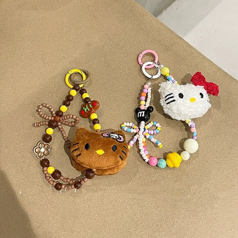 Cute Cartoon Sanrio Colorful Beaded Keychain Hawaii Hello Kitty Plush Phone Strap Wrist Strap Backpack Pendant Ornament Gift