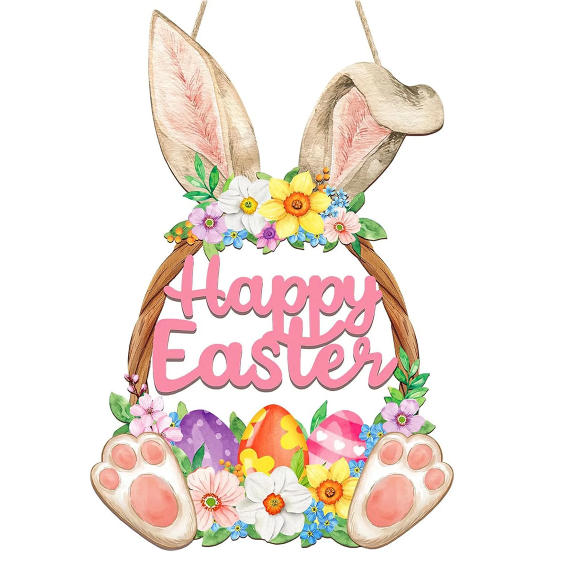 Easter Bunny Wooden Wreath Creative Spring Flower Egg Hanging Sign for Front Door Wall Mantle