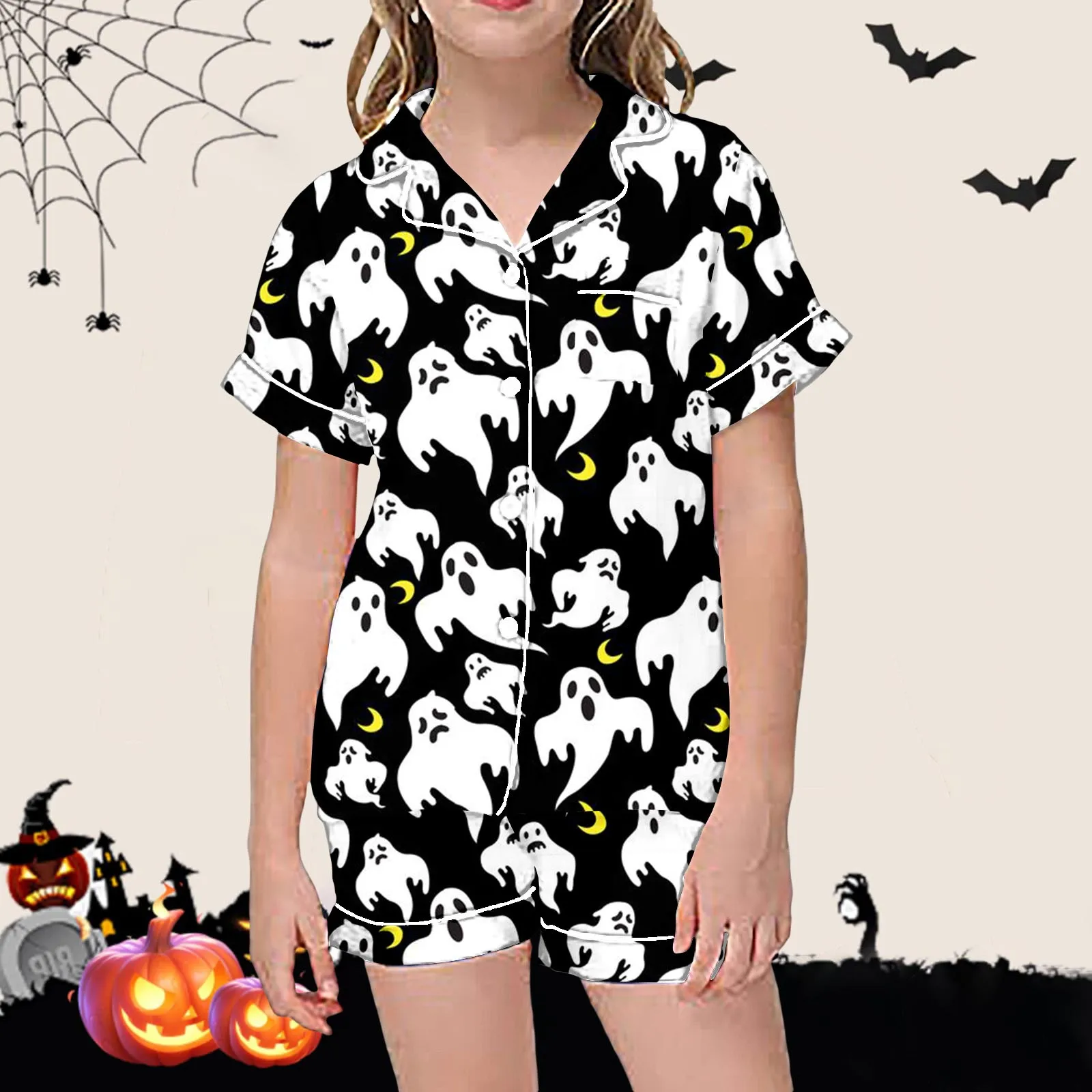 2pcs Comfortable Girl Sleepwear Women Halloween Satin Pajama Set Cartoon Ghost Print Short Sleeve Button Closure Top with Shorts