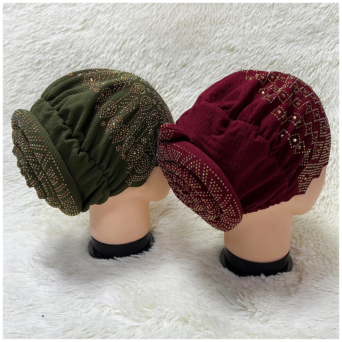 6/12 Pieces Wholesale Order Fashion Muslim Female Turban Hat Velvet Hot Rhinestone Solid Indian Beanie Hair Bonnet Cap For Women