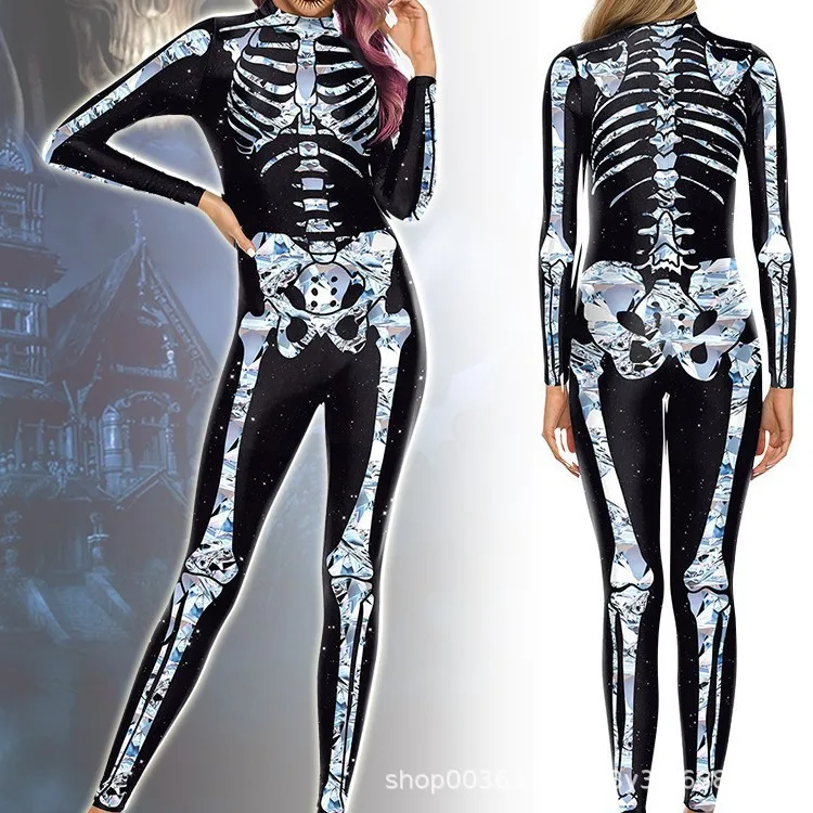 بدلة الهالوين التأثيرية زومبي هيكل عظمي مخيف مطبوعة بدلة Zenti المرنة للحفلات بدلة Zenti للنساء يوم الموتى