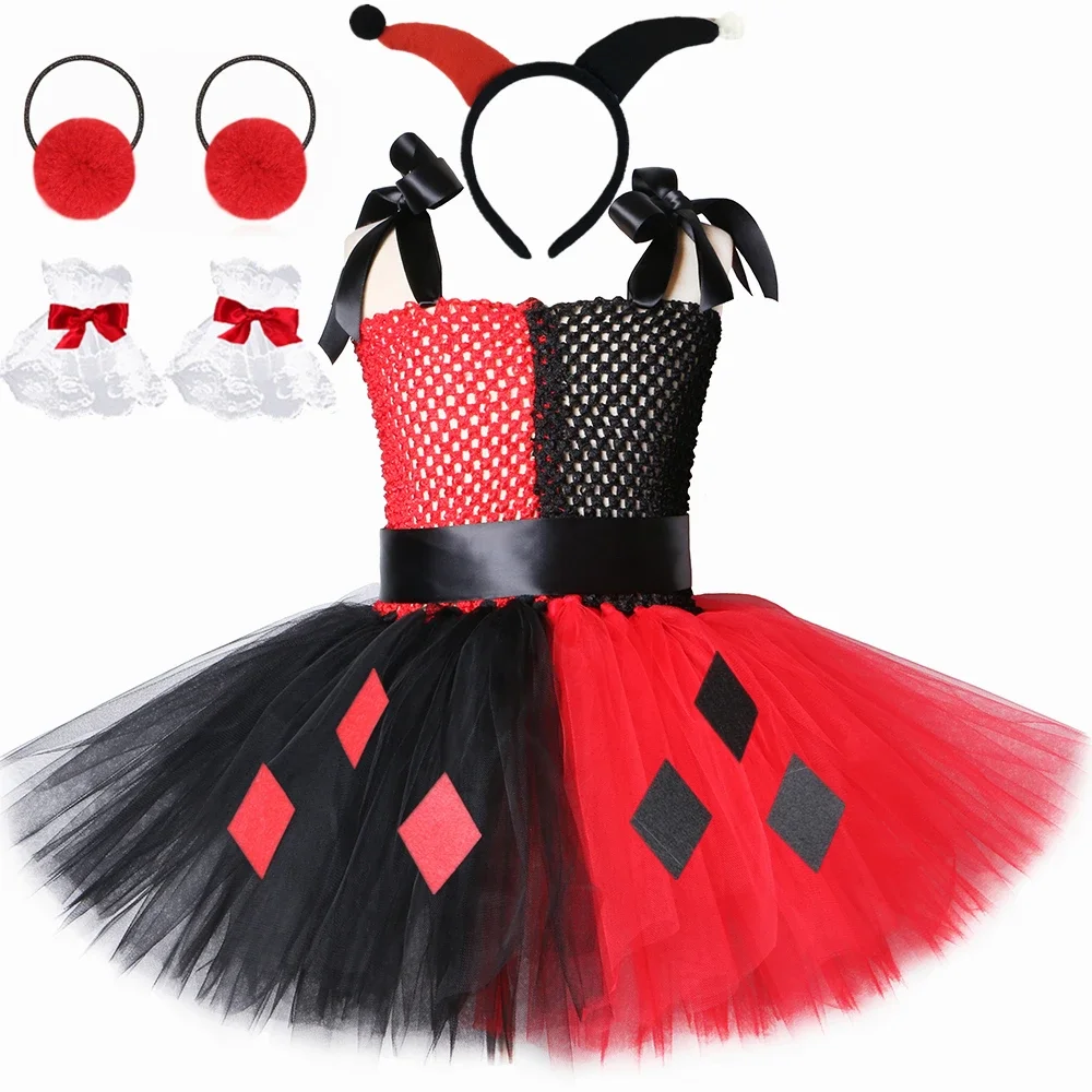 Harley Joker Tutu Kleid für Mädchen Karneval Party Kleidung Rot Schwarz Clown Cosplay Halloween Kostüm für Kinder Ausgefallene Tüllkleider