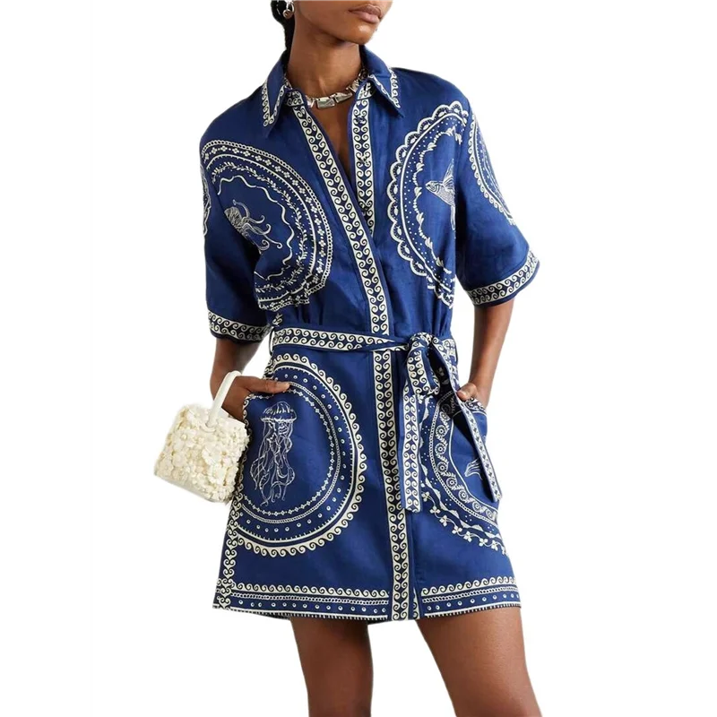 ABRT-Women's Floral Cotton And Linen Button-Down Wrap-Tie Bohemian Beach Shirt Dress (With Belt)