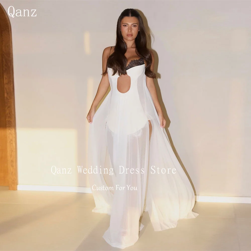 Qanz Bohemio Chiffon Wedding Dresses Lace Appliques Women Robe De Mariée Sweetheart Floor Length Vestido De Noiva Customized