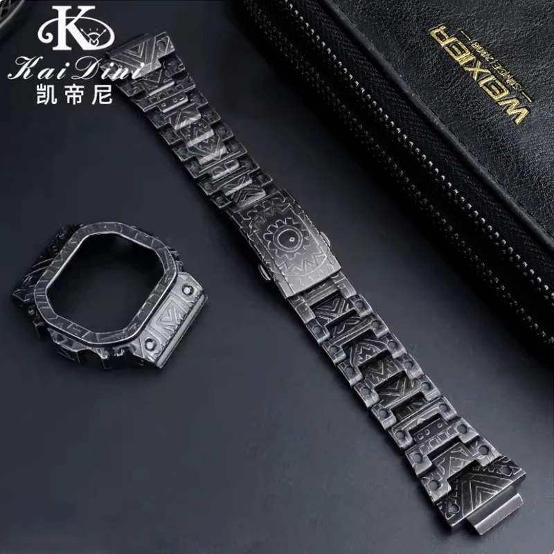 

For Casio Small Square DW5600 Metal Bezel Watchband Retrofitted To Do Old Indian Style Carved Case Strap Modification Retro Band