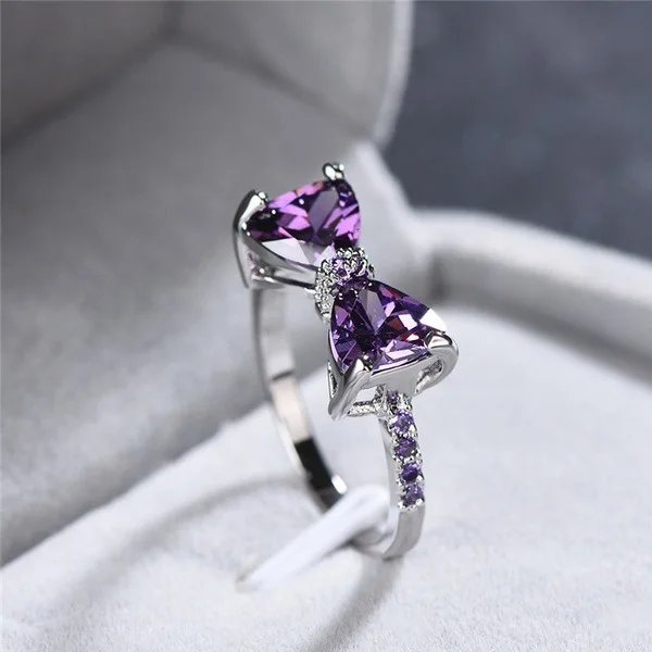 2022 New Purple Zircon Wedding Rings For Women S925 Silver Charm Luxury Crystal Bow Rings Engagement Fashion Jewelry Party Gift