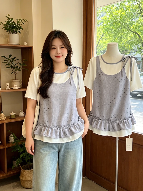 

Sweet Polka Dot Ruffle Sleeve Short Sleeve Loose Women's Shirt Summer plus Size Belly Cover Versatile Top Korean Style Commute