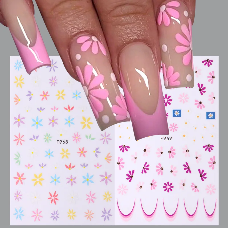 2/10pcs 3D ฤดูใบไม้ผลิดอกไม้เล็บสติกเกอร์ Daisy กลีบดอกไม้ Leaf กาวสติ๊กเกอร์ Simple Blossom เล็บฝรั่งเศส Sliders ตกแต่ง