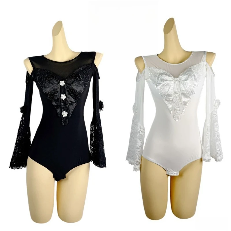 Women's Ballroom Dance Competition Tops Waltz Modern Dancing Top Adults Lace Sleeves Latin Dance Training Bodysuit Stage Wear