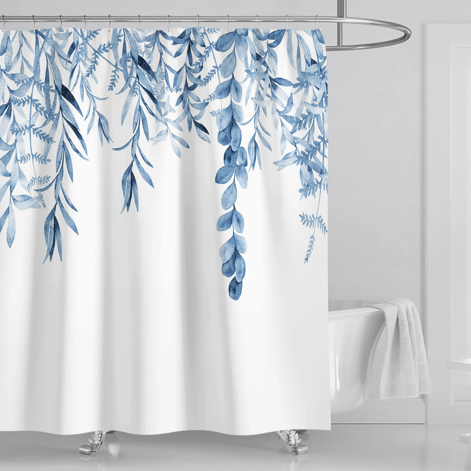 Watercolor Leaves on The Top Plant with Floral Bathroom Decoration Shower Curtain 180*180CM with Hooks