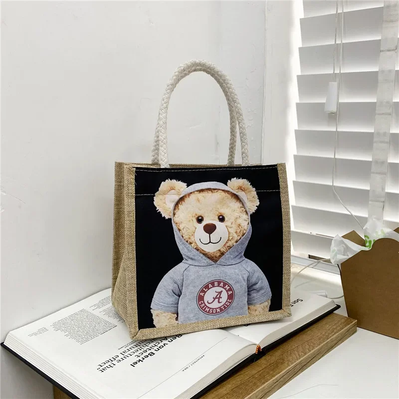 Portable Canvas Women Cute Bear Handbag Soft Plush Tote Simple Cloth Shopper Printing Bear Eco Shoulder Bag Purses for Girls