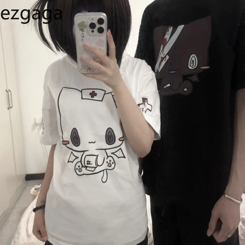 

Ezgaga Women T Shirts Cartoon Printed Funny Couple Sweet Short Sleeve O Neck Loose Y2k Harajuku Tops Female Casual Tshirt