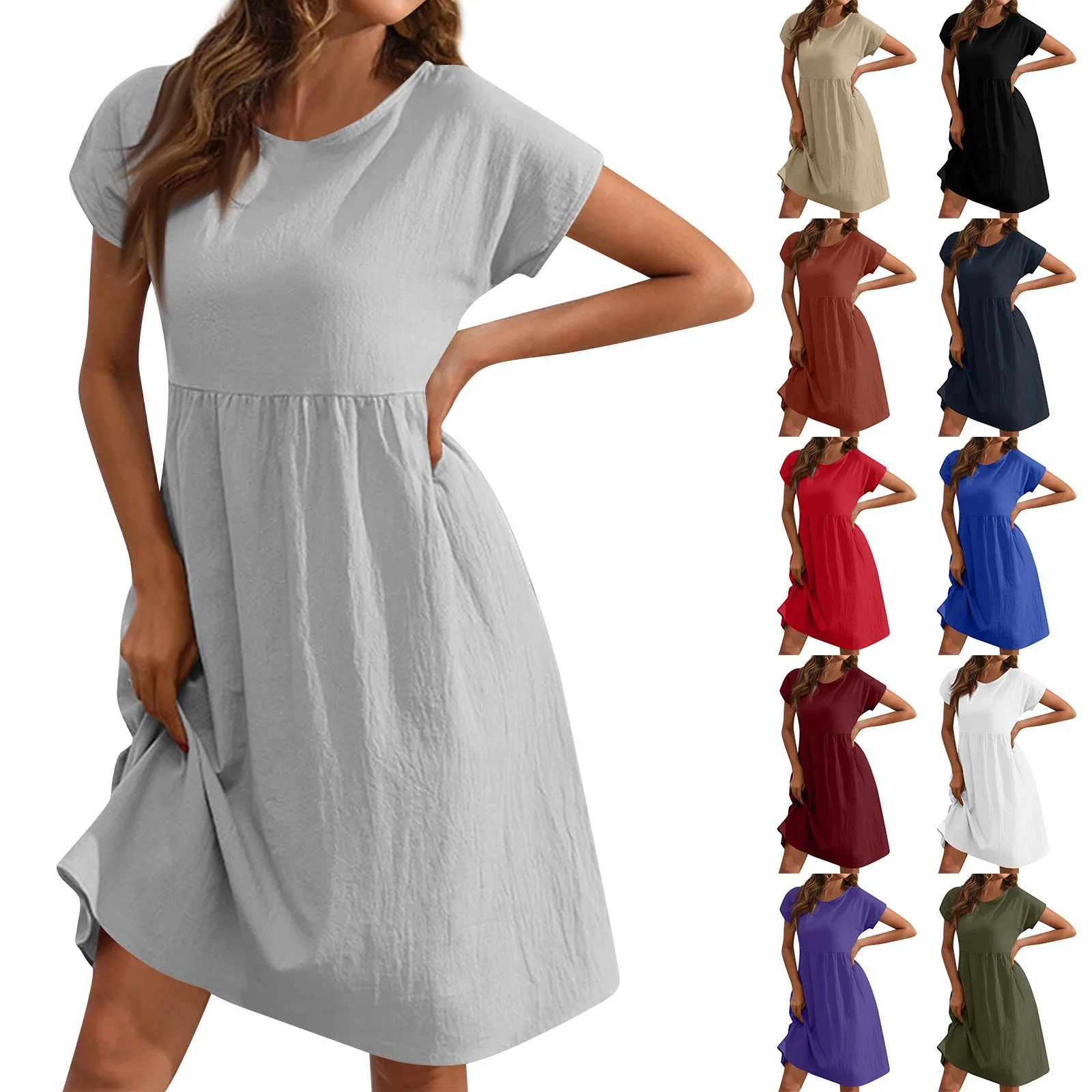 Women'S Summer New Dress Short Sleeve Linen Casual Round Neck Dress Loose Flowy Swing Beach Style Elegant 2024 Midi Sundresses