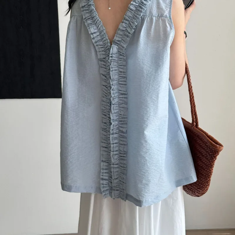 

Reversible V Neck Sleeveless Knit Top Korean Lettuce Edge Blue One Size Mid Length Casual Summer Layering Blouse For Women Chic