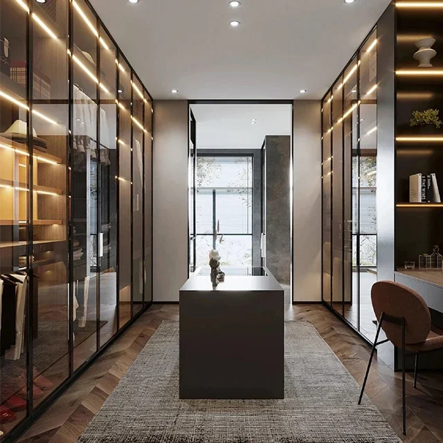 Modern Luxury Wardrobe Closet with Custom Glass Door and LED Light Graphic Design Solutions Available