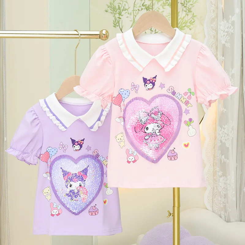 

2024 Summer Kuromi My Melody Girls T-Shirt Sanrio Kawaii Anime Color-Changing Short Sleeve Sweet Cute Babys Tops Gift for Kids