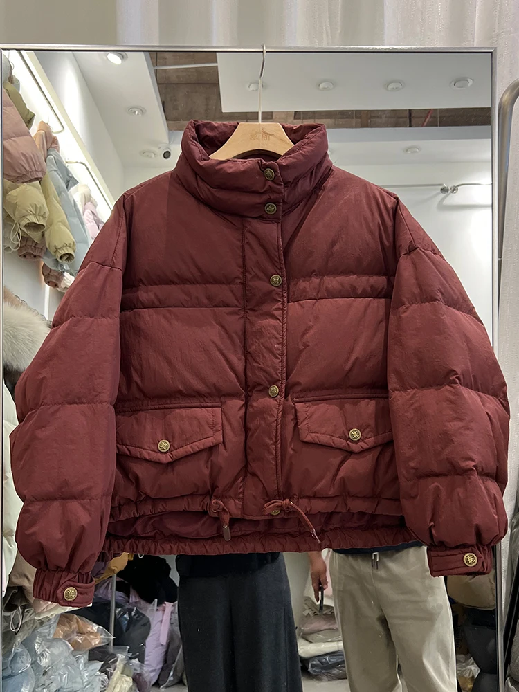 冬の韓国風新作ショート丈スタンドカラーパンダウンジャケット レディース ゆったり 厚手 暖かい ホワイトダックダウンジャケット