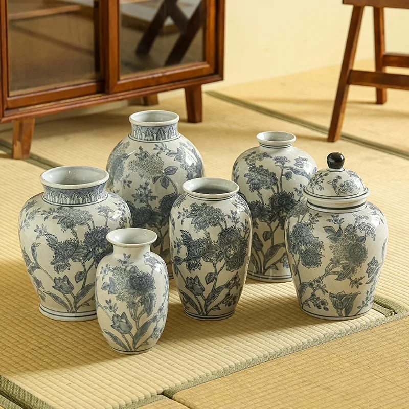Antike Eisriss-Vier-Jahreszeiten-Keramikvase, neuer chinesischer Stil, Wohnzimmer, Blumenarrangement, Porzellan, blau und weiß, Retro
