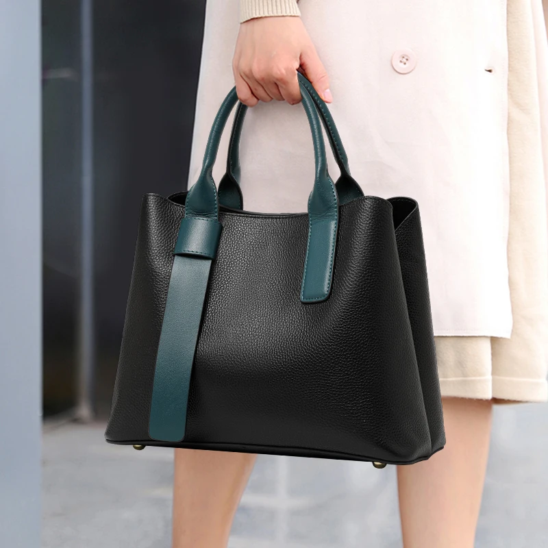 Genuine Cowhide Leather Women Tote Bag, Black with Teal Trim Handbag, Multi-Pocket Shoulder Purse for Travel