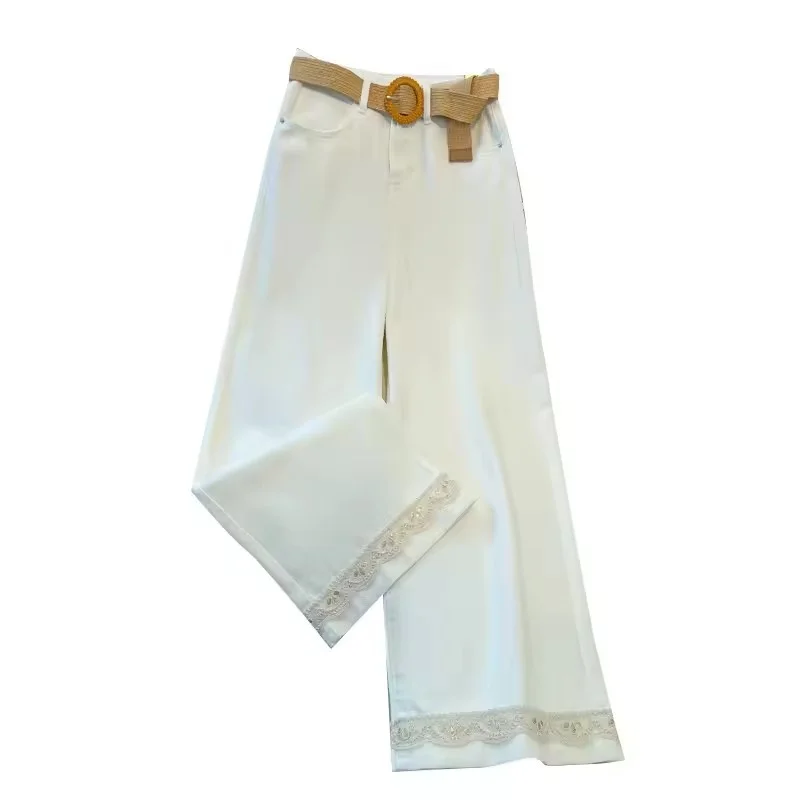 جديد صيف 2026 جينز نسائي واسع الساق رفيع عالي الخصر من الدانتيل سروال مستقيم للسيدات فضفاض غير رسمي مناسب لجميع المباريات بنطلون نسائي #4