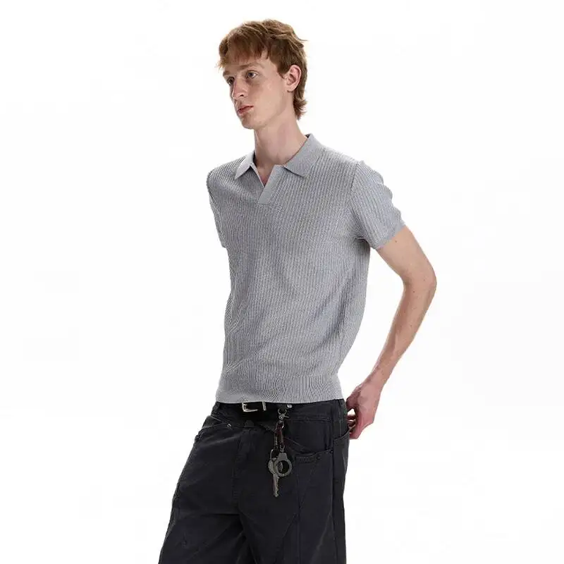 LUZHEN 2026 Summer Stripe Textured Solid Color Polo Neck Short Sleeve T-shirts Men's Stylish Elastic Waist Casual Clothes JY7880