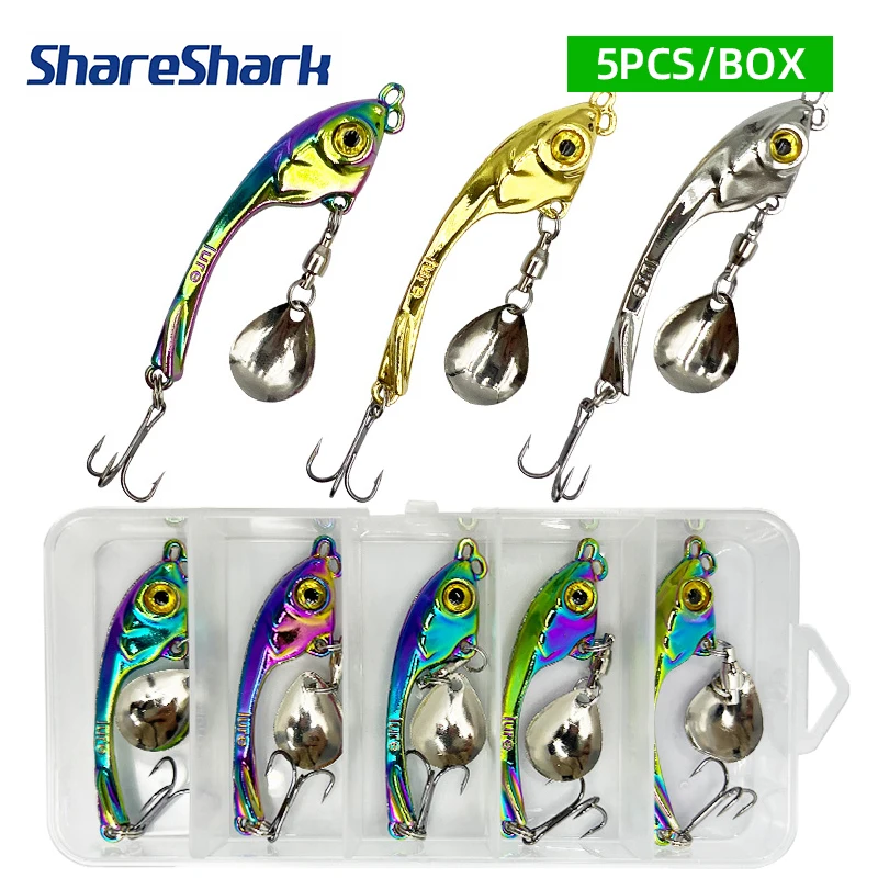 ShareShark 5pcs/box Fishing Lures Spinner Spoon Fishing Lures Rotating Metal VIB Bait Vibration Wobbler Sinking Sequin Pesca