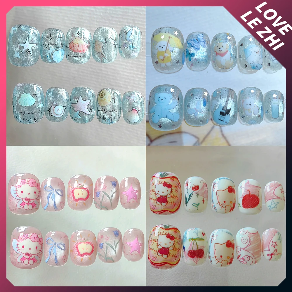 

10Pcs Sweet Cartoon Cat Eyes Handmade Press On Nails Cute Animal Hand-Drawn Cats Bear Rabbit Butterfly Flower Bow False Nails