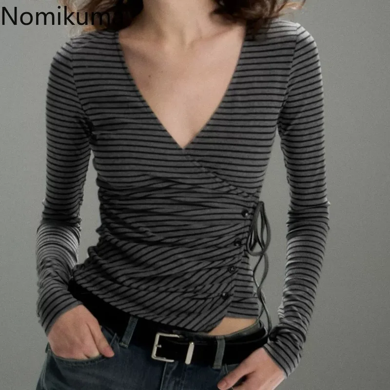 

Ropa Mujer, полосатые футболки, женская одежда, облегающие футболки с длинными рукавами и глубоким v-образным вырезом, модные футболки, летние топы