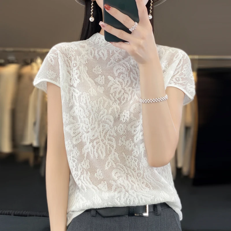 Summer Lace T-shirt Women Tops O-neck Short Sleeve Tees Shirt Korean Fashion Vintage T Shirt Mujer Clothing 2023 New In 7 Colors