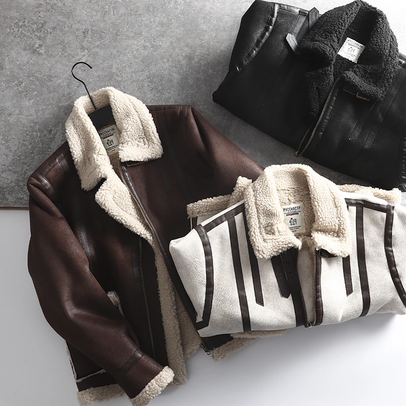 

Thickened Flocking Leather Lamb Fur Jacket Stand Collar Men's Casual Outerwear Winter Season Polyester Fiber Long Sleeve Zipper