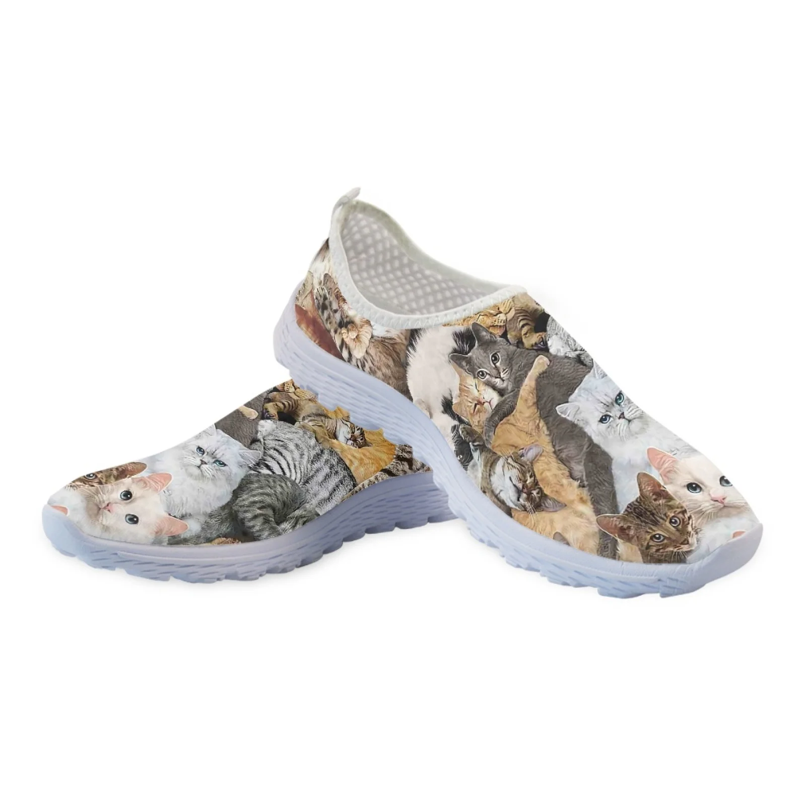 INSTANTARTS Cute 3D Cat Printing Female Mesh Sneakers Breathable Slip-on Loafers Lightweight Women Flat Shoes Casual Footwear