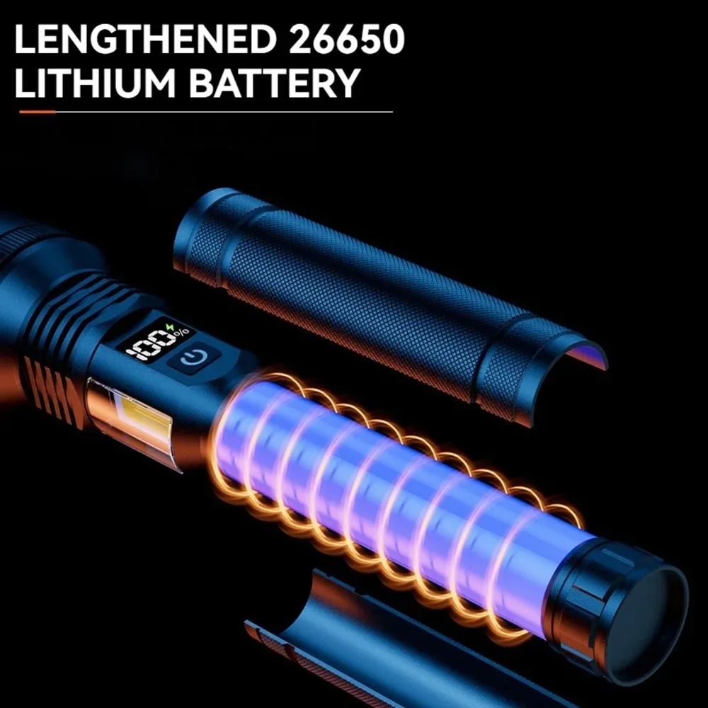 High Power LED Flashlight USB Rechargeable Zoomable Lantern Lamp With Side COB Strong Light Tactical Torch Long Range Spotlight