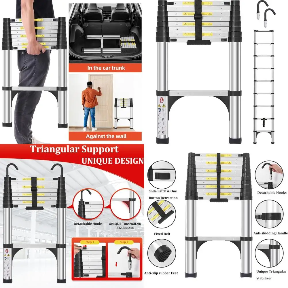 

Aluminum 8.5FT Telescoping Ladder with Stabilizers, Detachable Hooks, and Safety Lock for Home & Outdoor Use