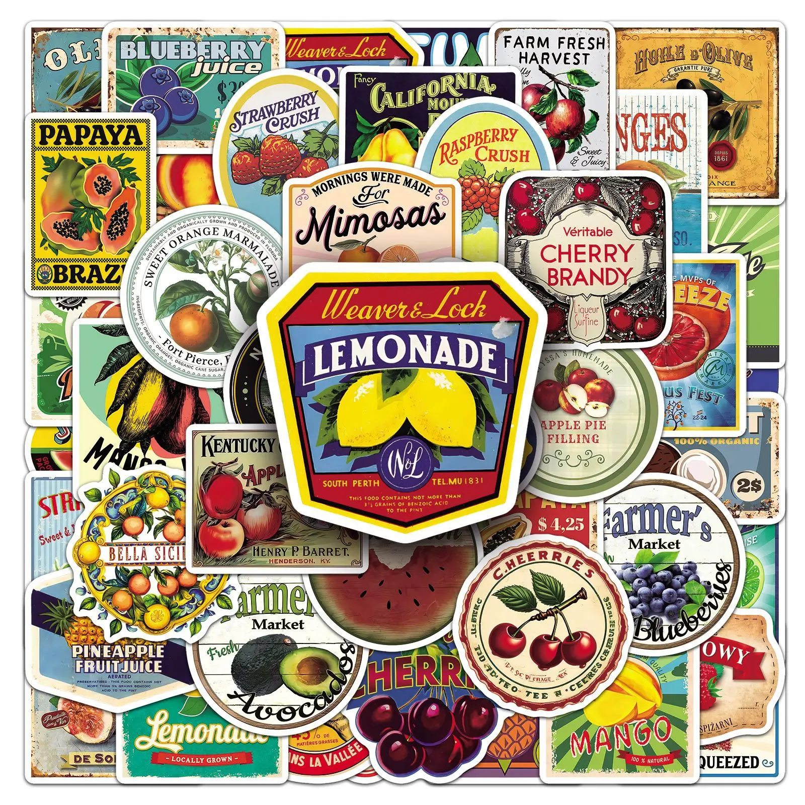 50 Pcs Vintage Fruit Label Stickers Personalized Trendy Old School Graffiti Decorative Fridge Journal Speaker Stationery Sticker