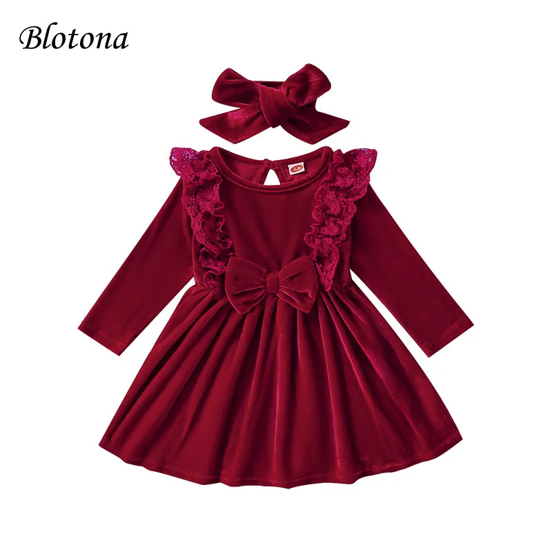 Blotona Baby Girls Fall Winter Velvet Dress and Headdress, Solid Color Long Sleeve Flouncy Skirt with Bow Knot Decor, 3-24Months