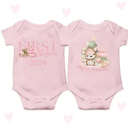 My First Christmas 2024 Baby Romper Short Sleeve Round Neck Infant Bodysuit Fashion Comfy Jumpsuit Christmas Day Clothes