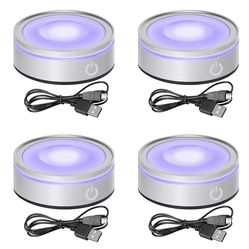 4X LED Light Base With Sensitive Touch Round Colorful Stand Display For 3D Crystal Glass Art Photo Frame Silver Concave