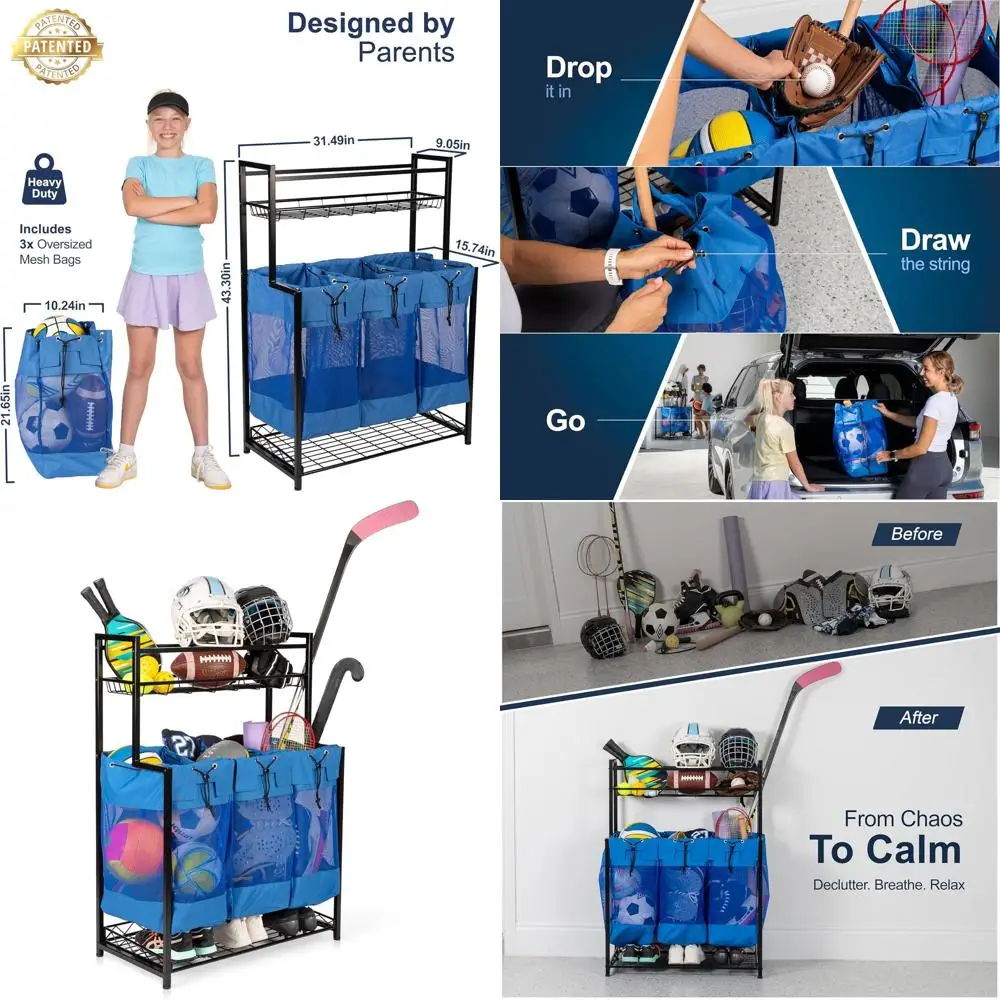 رف تخزين المعدات الرياضية الزرقاء شديدة التحمل مع حقائب محمولة للكرات والألعاب #1
