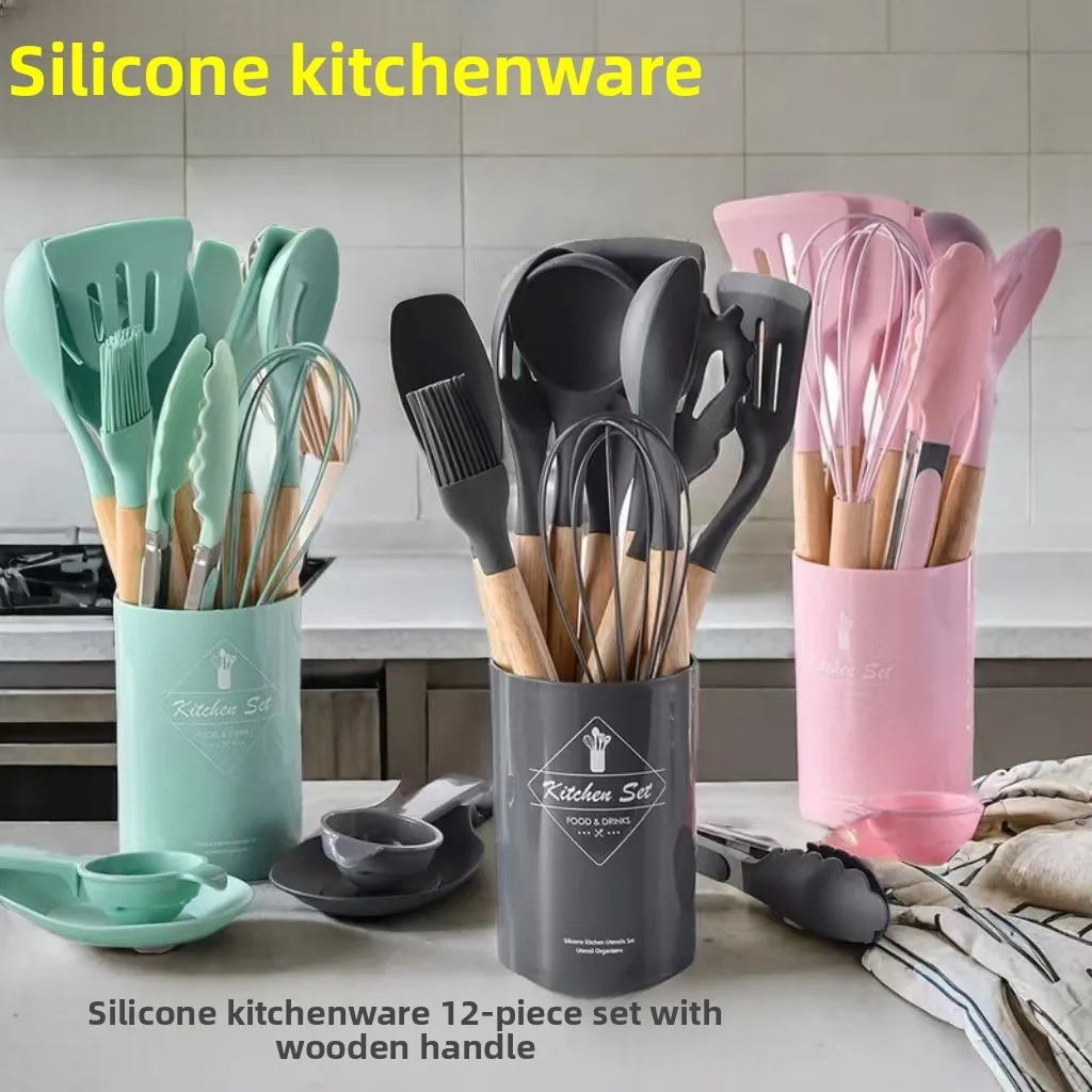 Wholesale wooden handle silicone kitchenware 12-piece set household high temperature cooking silicone spatula spoon set