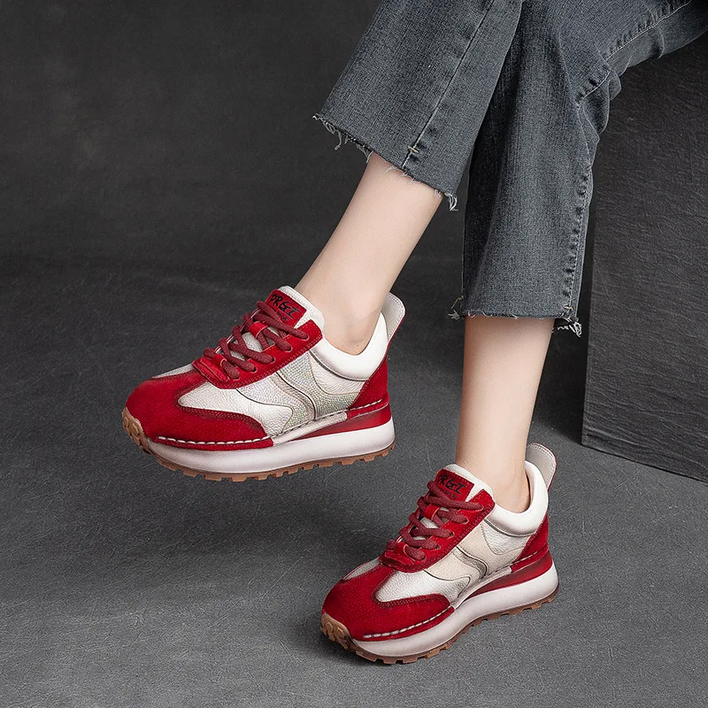 GKTINOO 2025 Spring New Genuine Leather Sneakers Casual Sports Shoes Round Toe Lacd-up Retro Versatile Women's Flat Shoes