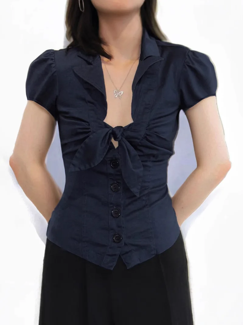 

Летние женские рубашки, темпераментные офисные женские блузки, Blusas Mujer De Moda, бандажные топы с тонкой талией, винтажная блузка с глубоким v-образным вырезом