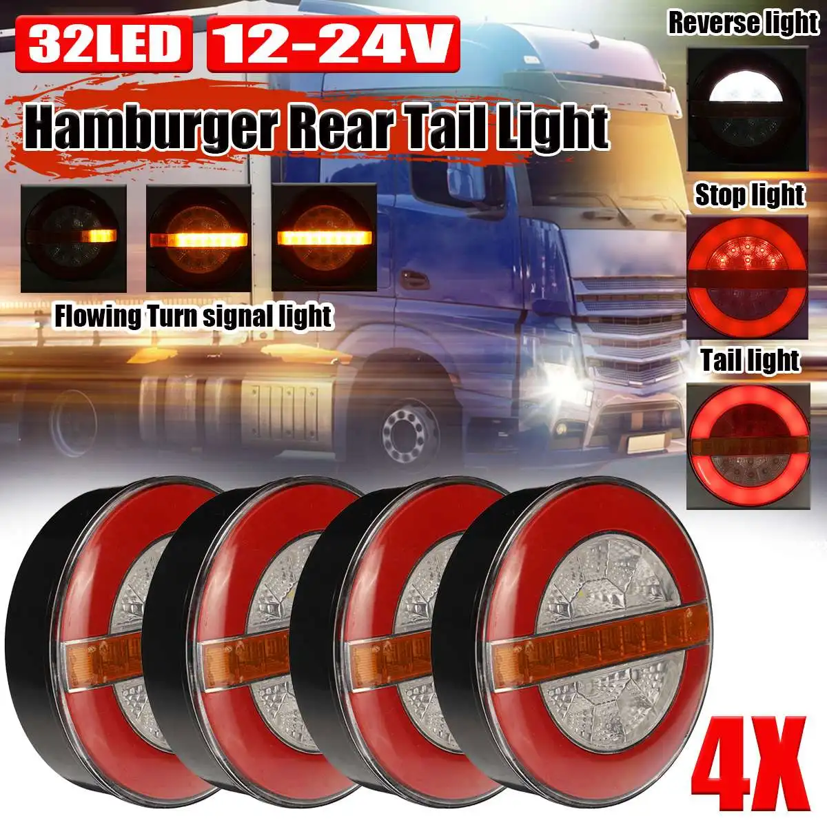 12-24V 32 LED Trailer Hamburger Rear Tail Light Driving Stop Turn Signal Reverse Light For Truck Lorry Van Caravan Bus Camper