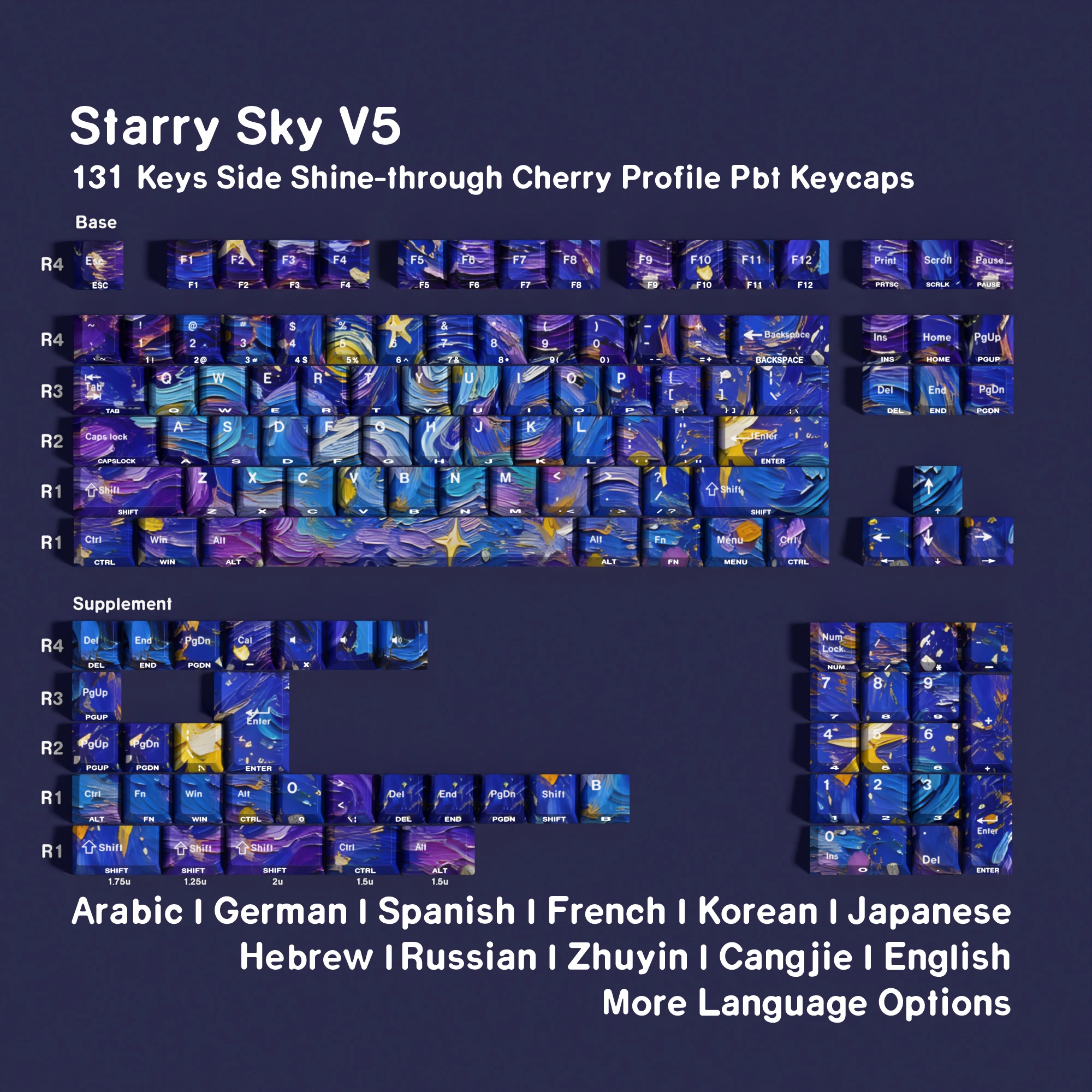 Starry SkyV5 Dye-Sub Cherry Profile Keycaps Double Print 131 Keys Hebrew DE FR KR RU ES Compatible ISO Layout for Mechanical Key