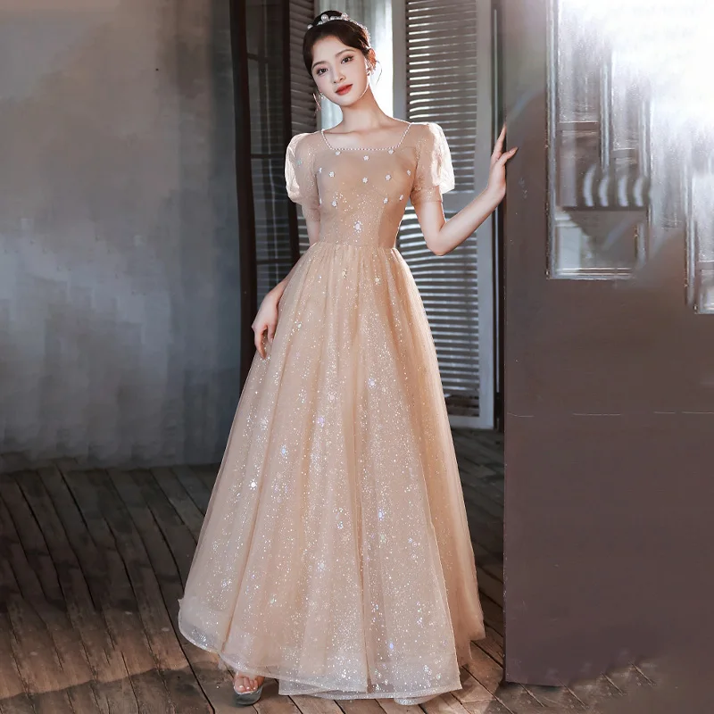 

It's Yiiya Evening Dress Champagne Bling Tulle Square Collar Short Sleeves Pearl A-line Floor-length Plus size Party Formal Gown