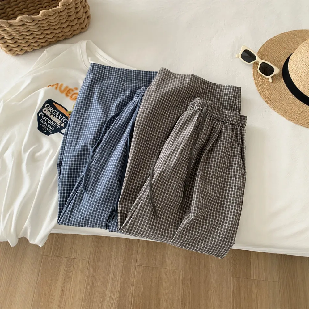 

Spring Summer Lightweight Retro Plaid Pant For Women, Relaxed Fit, Slimming Wide-leg Cropped Balloon Pants,