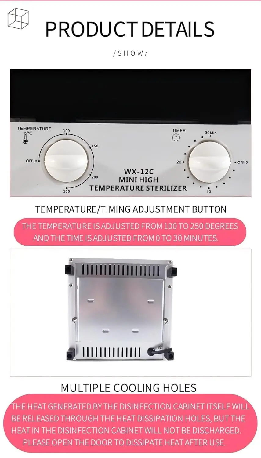 Esterilizador 110V para ferramentas de unhas, caixa seca multifuncional de limpeza de alta temperatura de 12L em aço inoxidável com controle de temperatura