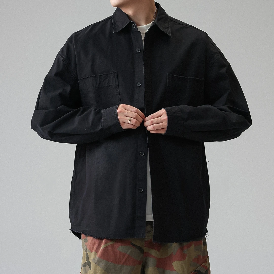 Mens Premium Work Shirt Solid Color Long Sleeve Oversized 100 Cotton Distressed Vintage Streetwear Spring Fall Black White