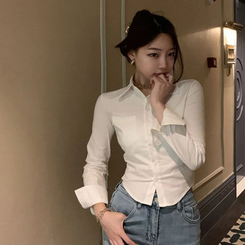 Rimocy 2024 Sexy Slim Fit White Shirt Women Korean Fashion Turn Down Collar Folds Crop Tops Woman Long Sleeve Y2K Blouse Female